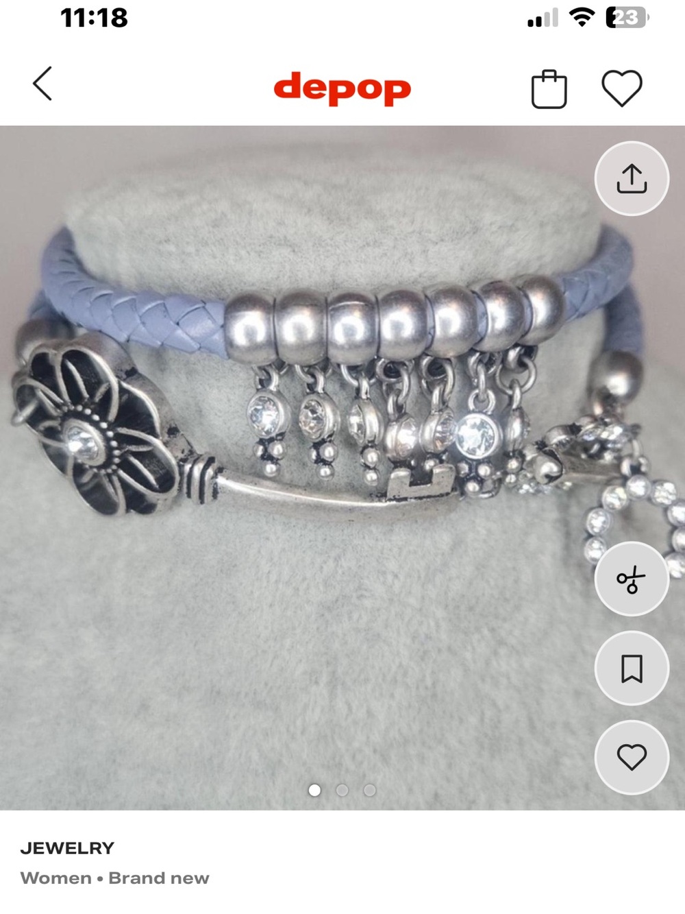 Silver Crystal Charm Bracelet with Light Lavender Braided Band